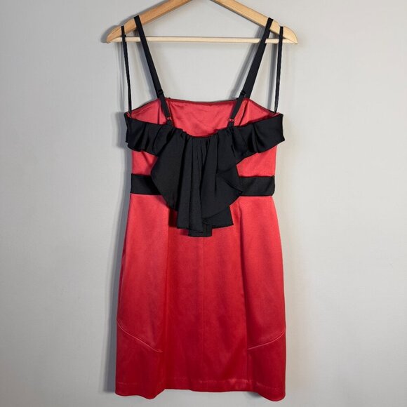 Vtg BCBG Paris Satin Ruffle Bodycon Mini Dress Women's 6 Red Black Cocktail Y2K - Picture 7 of 13